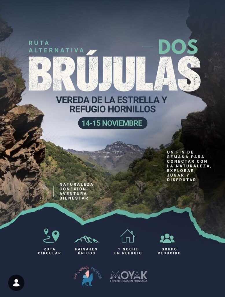 Cartel de Dos Brújulas de MOYAK: Vereda de la Estrella y Refugio Hornillos, 14 y 15 de noviembre de 2026.