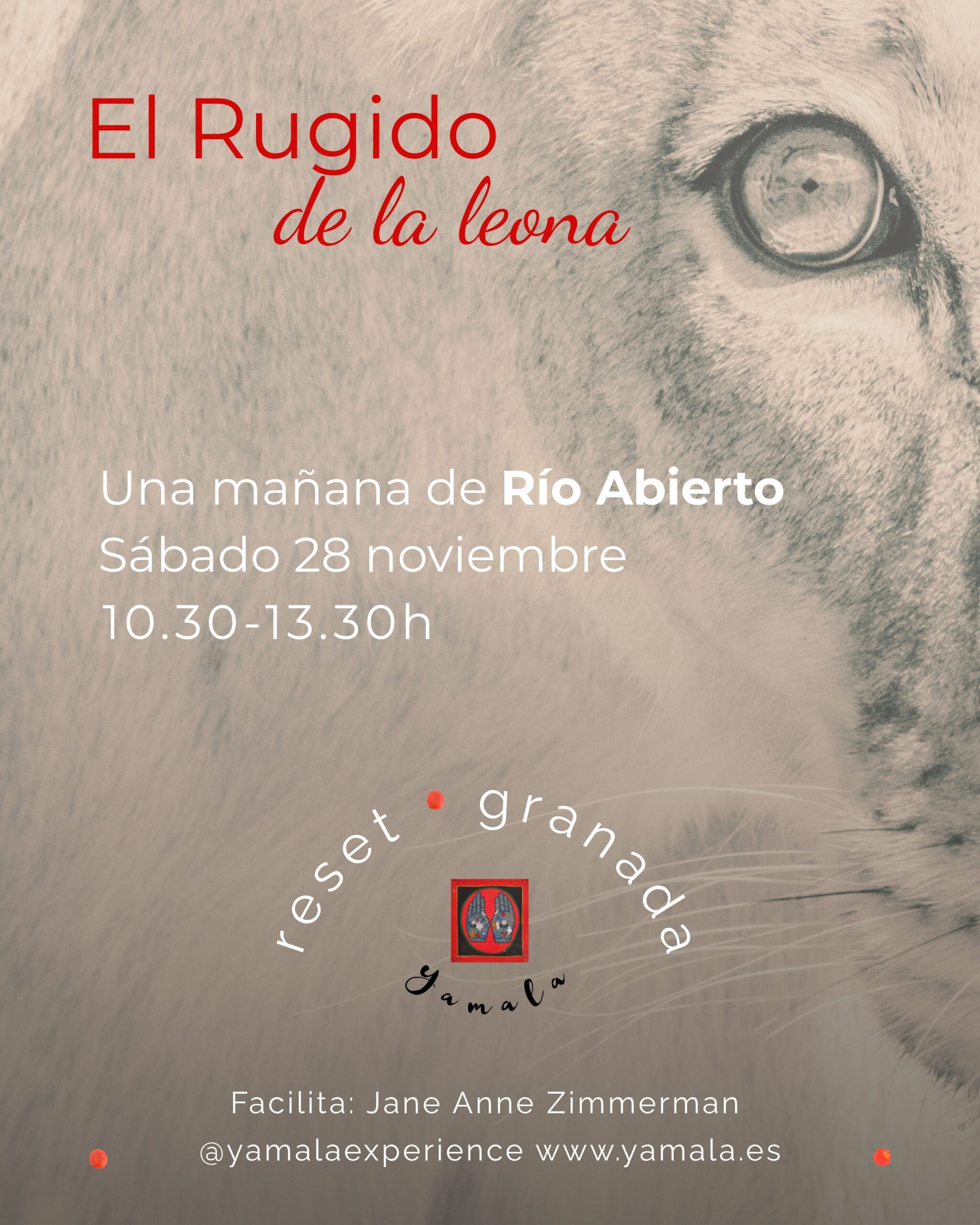 Cartel de El Rugido de la Leona, una ma&ntilde;ana de R&iacute;o Abierto con Jane Anne Zimmerman en Reset Granada, s&aacute;bado 28 de noviembre, de 10:30 a 13:30.